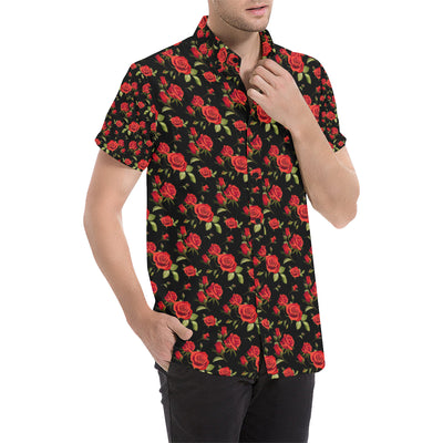 Red Rose Themed Print Men's Short Sleeve Button Up Shirt