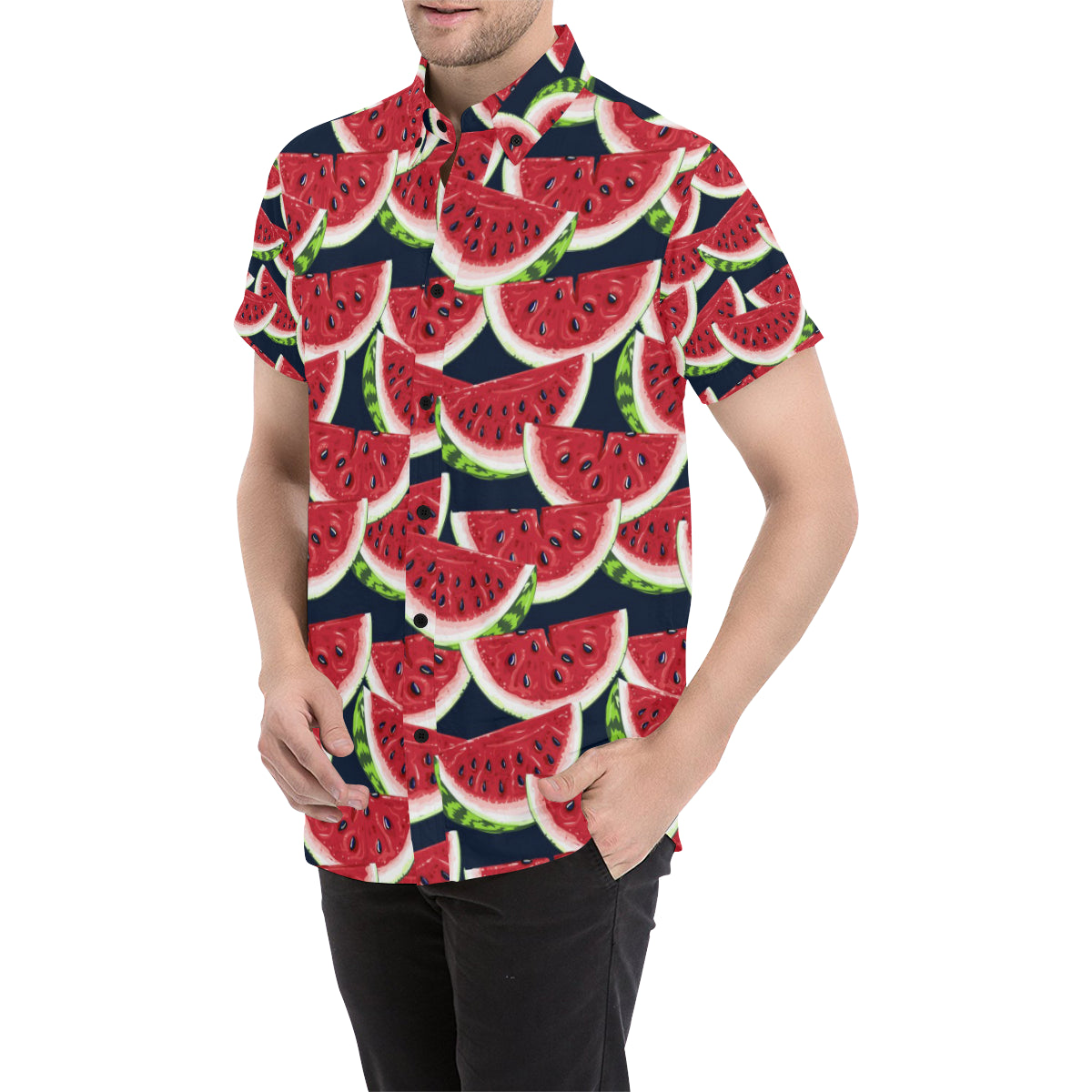 Watermelon Pattern Print Design WM011 Men's Short Sleeve Button Up Shirt