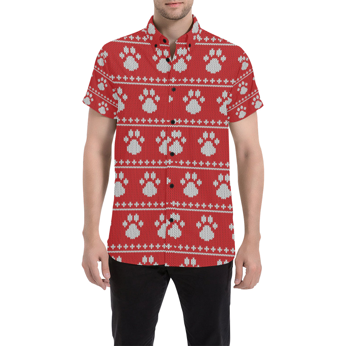 Knit Paw Pattern Print Design 03 Men's Short Sleeve Button Up Shirt
