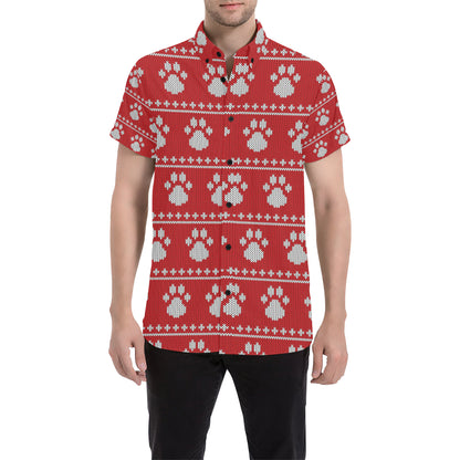 Knit Paw Pattern Print Design 03 Men's Short Sleeve Button Up Shirt