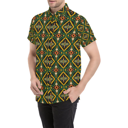 Kente Green Design African Print Men's Short Sleeve Button Up Shirt