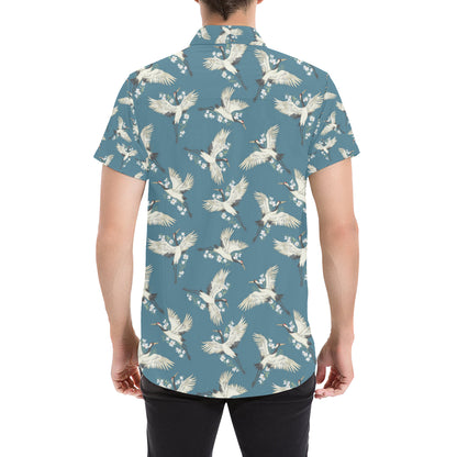 Crane Pattern Print Design 02 Men's Short Sleeve Button Up Shirt