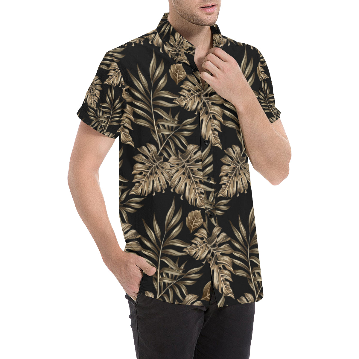 Brown Tropical Palm Leaves Men's Short Sleeve Button Up Shirt