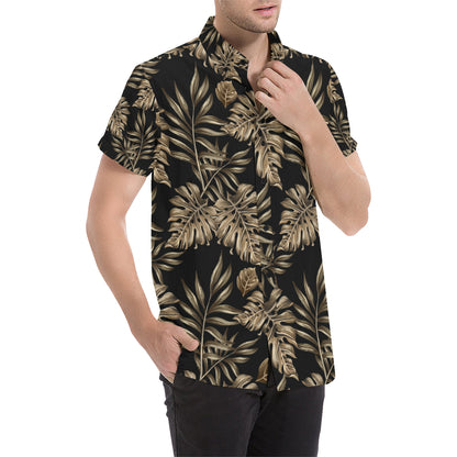 Brown Tropical Palm Leaves Men's Short Sleeve Button Up Shirt