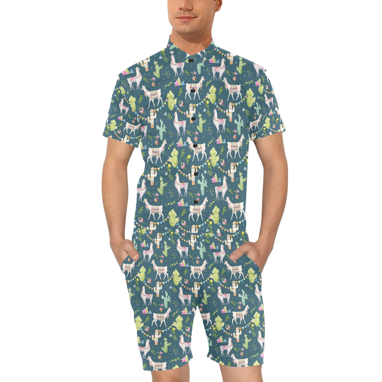 Llama with Cactus Design Print Men's Romper