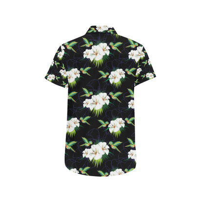 Hummingbird with Flower Pattern Print Design 03 Men's Short Sleeve Button Up Shirt