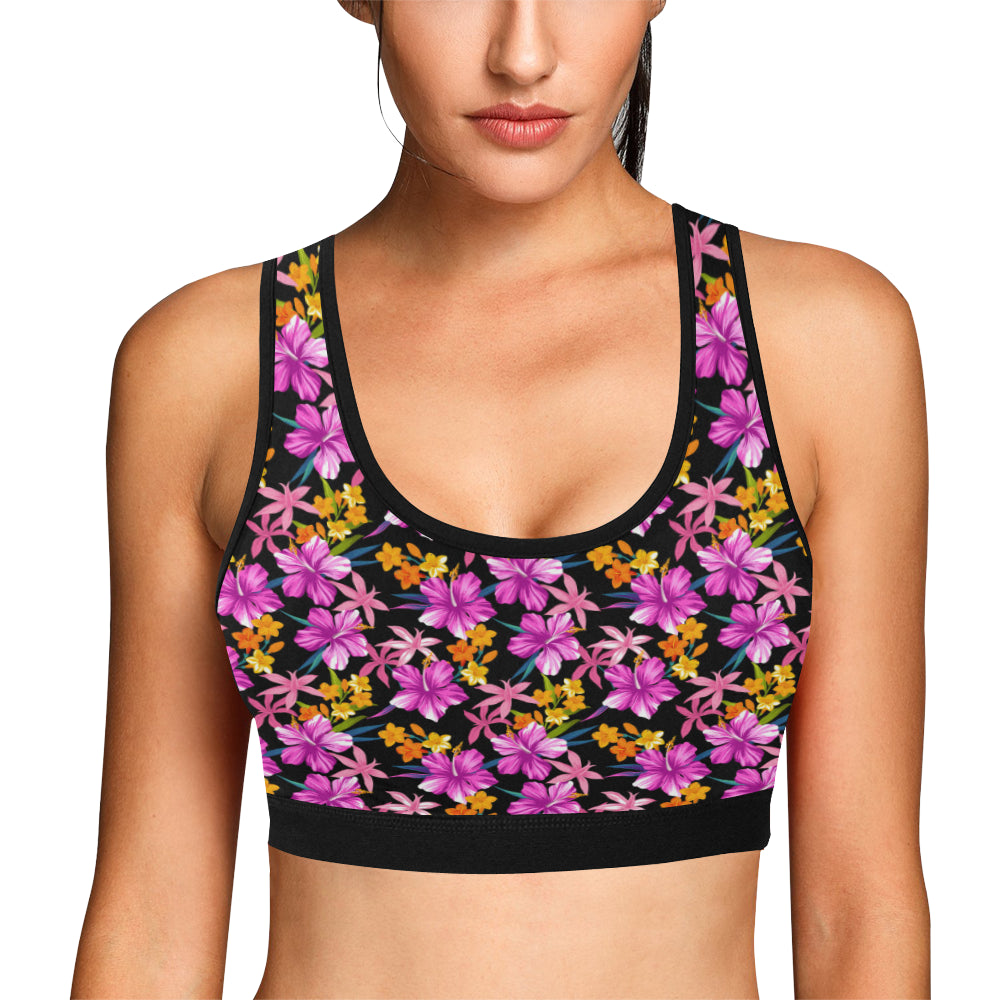 Tropical Folower Pink Hibiscus Print Sports Bra