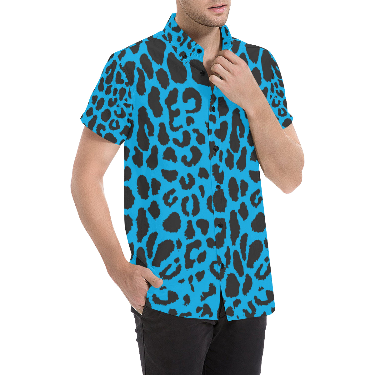 Cheetah Blue Print Pattern Men's Short Sleeve Button Up Shirt