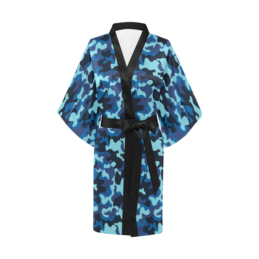 Camo Blue Pattern Print Design 04 Women's Short Kimono