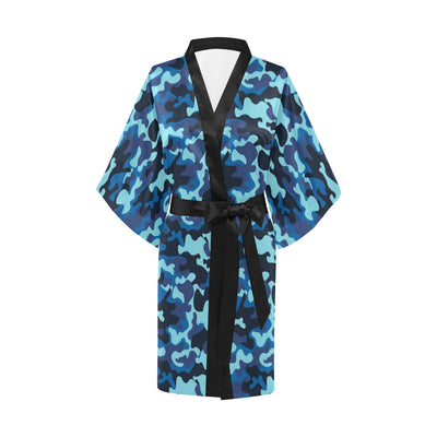 Camo Blue Pattern Print Design 04 Women's Short Kimono