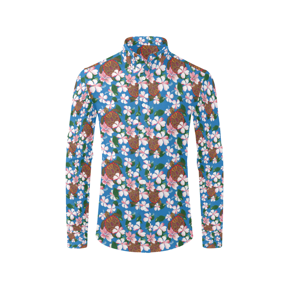Sea Turtle Pink Hibiscus Hawaiian Print Men's Long Sleeve Shirt