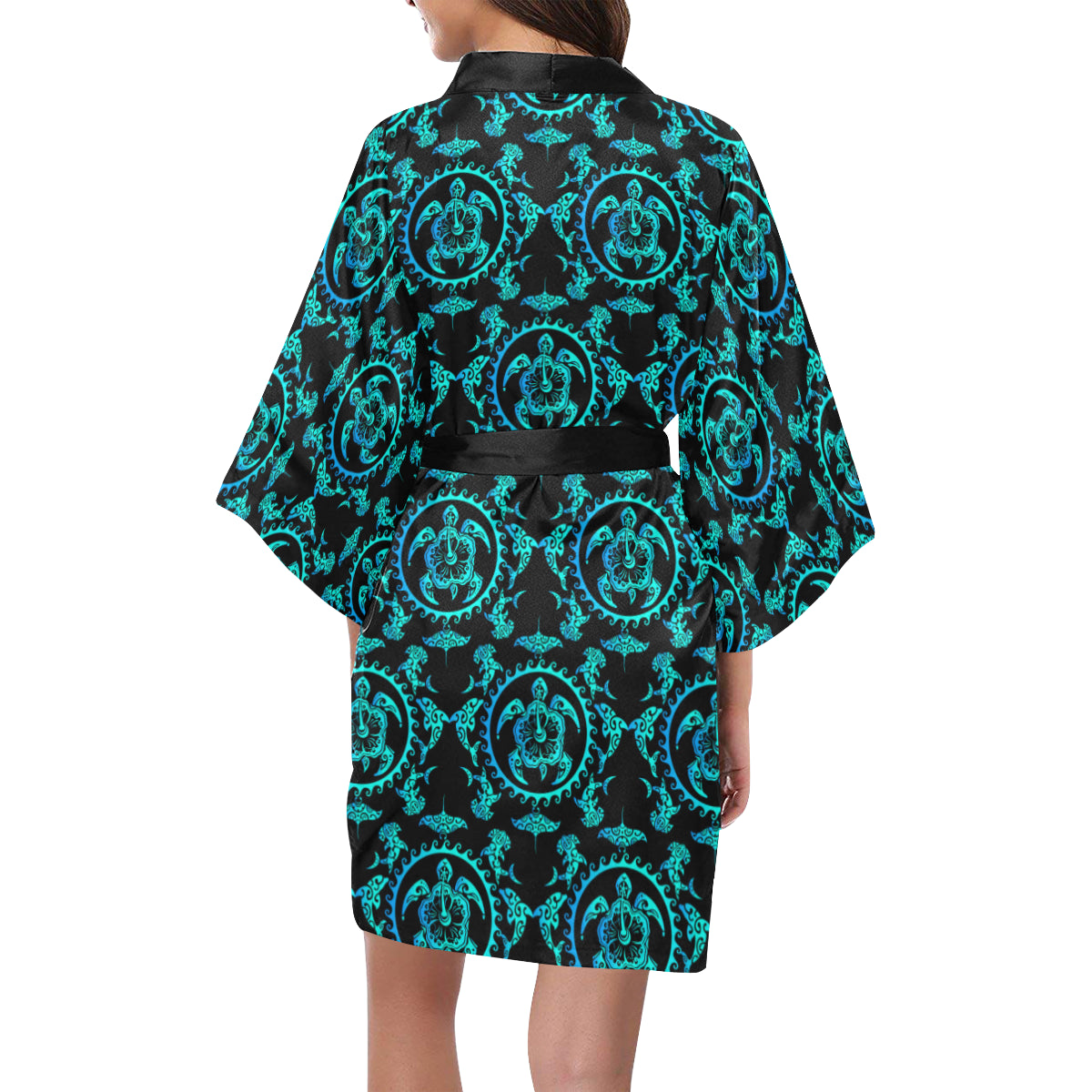 turquoise Tribal Sea Turtle Hawaiian Women's Short Kimono