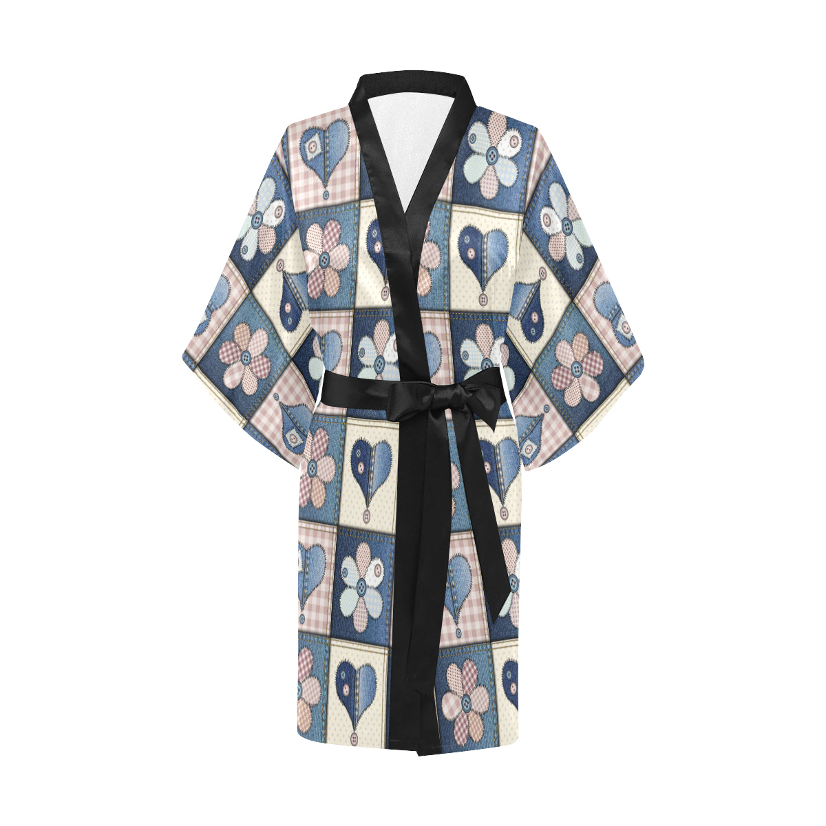 Patchwork Heart Flower Pattern Print Design 01 Women's Short Kimono