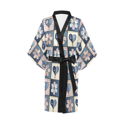 Patchwork Heart Flower Pattern Print Design 01 Women's Short Kimono