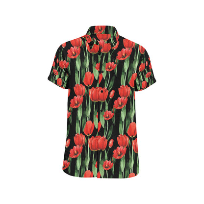 Tulip Red Pattern Print Design TP03 Men's Short Sleeve Button Up Shirt