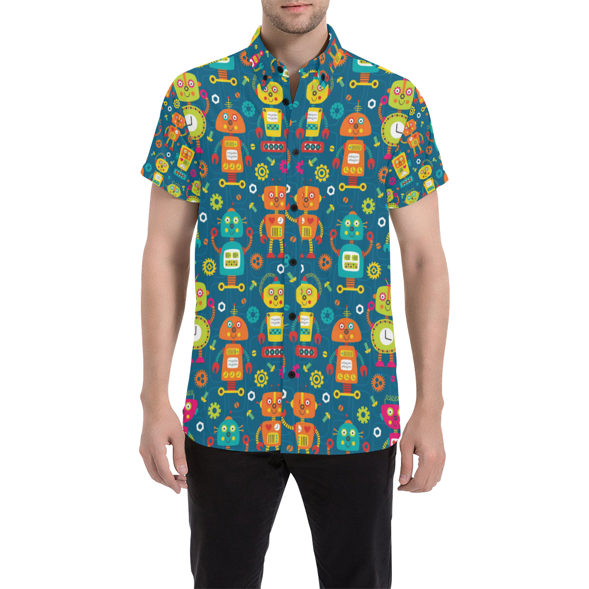 Robot Pattern Print Design A04 Men's Short Sleeve Button Up Shirt
