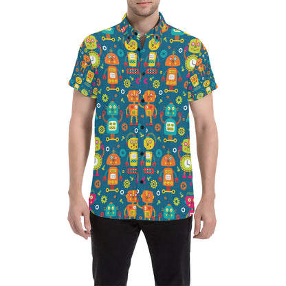 Robot Pattern Print Design A04 Men's Short Sleeve Button Up Shirt