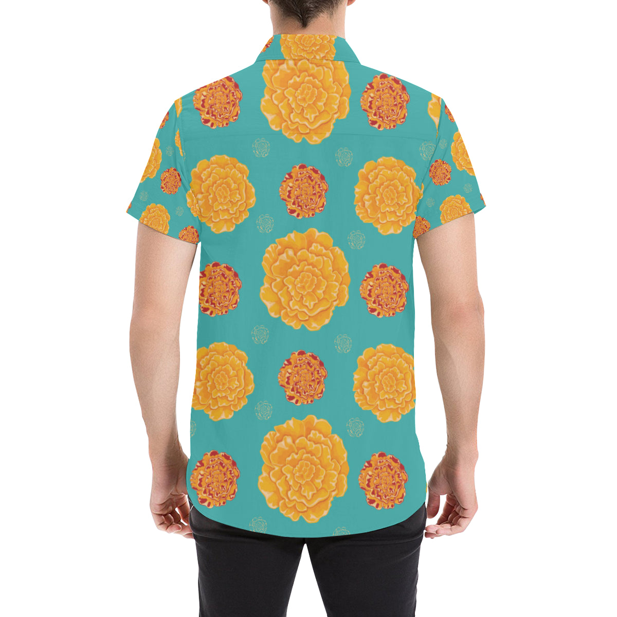 Marigold Pattern Print Design 02 Men's Short Sleeve Button Up Shirt