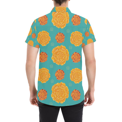 Marigold Pattern Print Design 02 Men's Short Sleeve Button Up Shirt