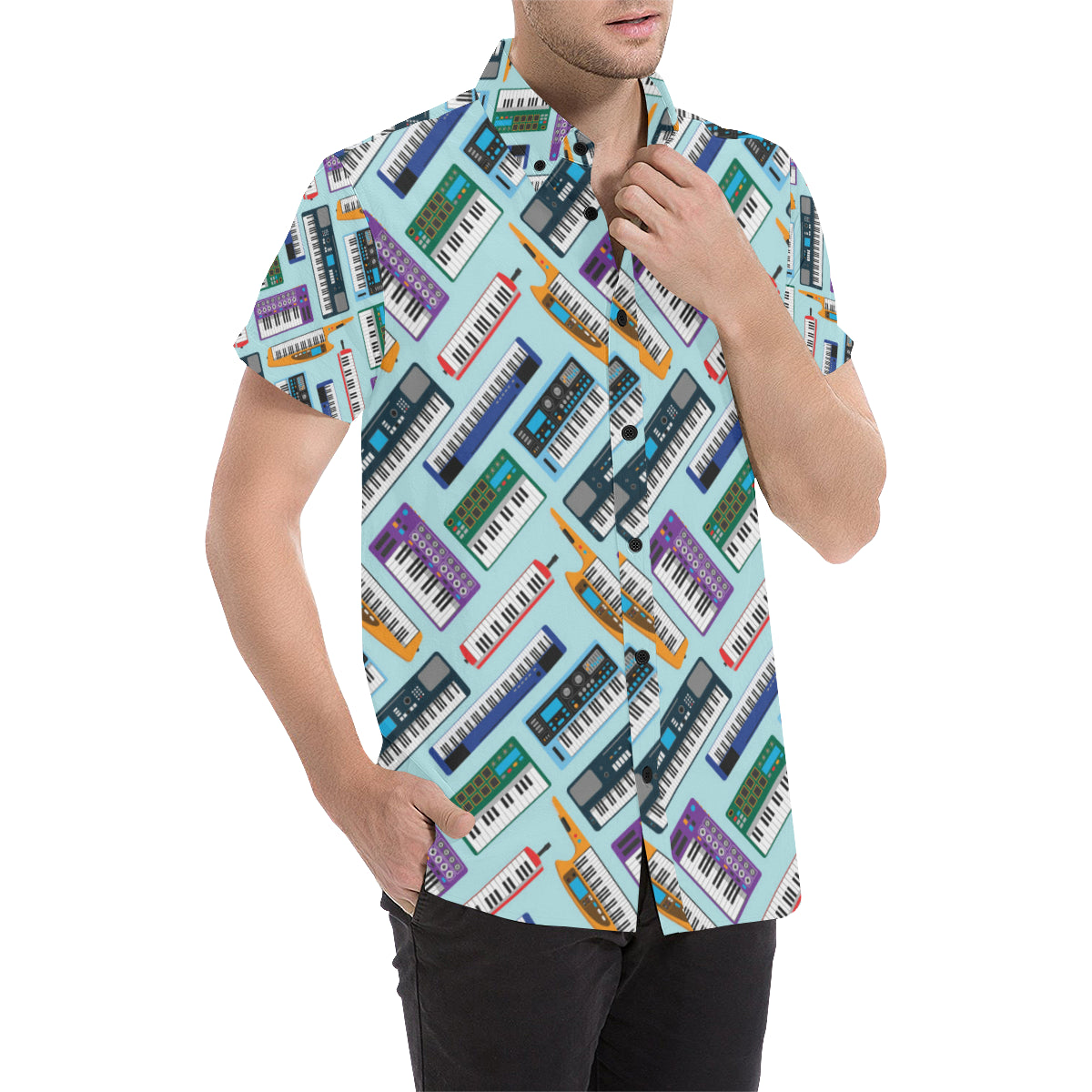 Synthesizer Pattern Print Design 02 Men's Short Sleeve Button Up Shirt