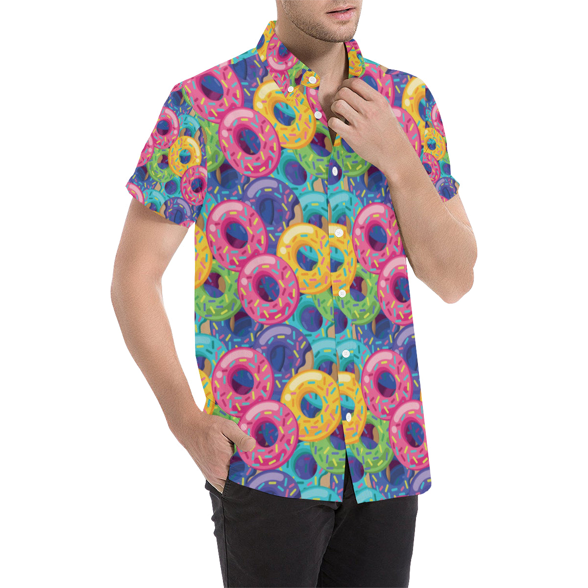 Donut Pattern Print Design DN010 Men's Short Sleeve Button Up Shirt