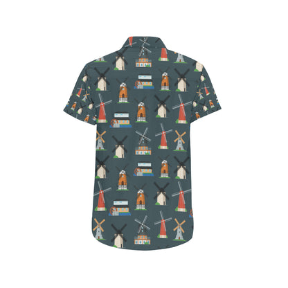 Windmill Pattern Print Design 04 Men's Short Sleeve Button Up Shirt