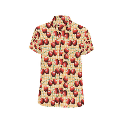 Cherry Orange Plaid Print Men's Short Sleeve Button Up Shirt