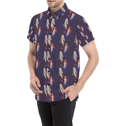 Mermaid Pattern Print Design 02 Men's Short Sleeve Button Up Shirt