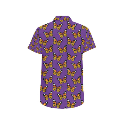 Monarch Butterfly Purple Print Pattern Men's Short Sleeve Button Up Shirt