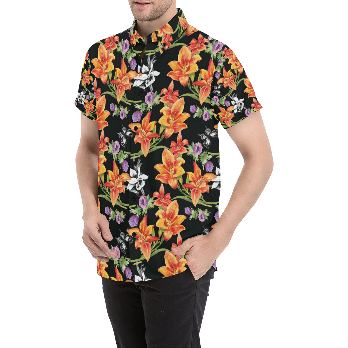 Tropical Flower Pattern Print Design TF02 Men's Short Sleeve Button Up Shirt