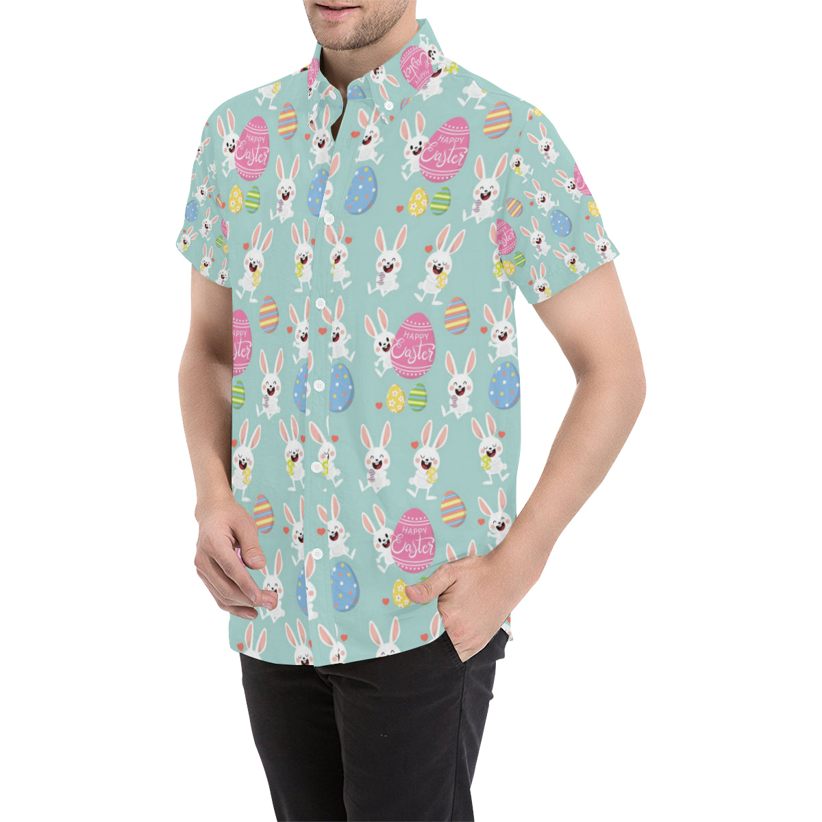 Easter Eggs Pattern Print Design RB014 Men's Short Sleeve Button Up Shirt