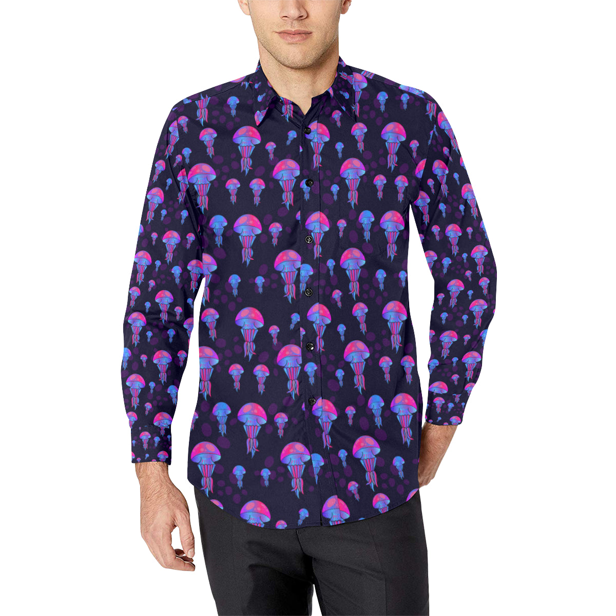 Jellyfish Neon Print Men's Long Sleeve Shirt