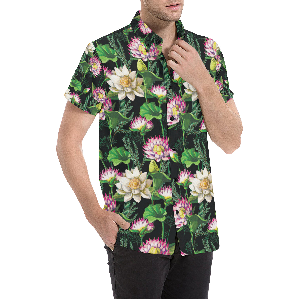 Water Lily Pattern Print Design WL010 Men's Short Sleeve Button Up Shirt