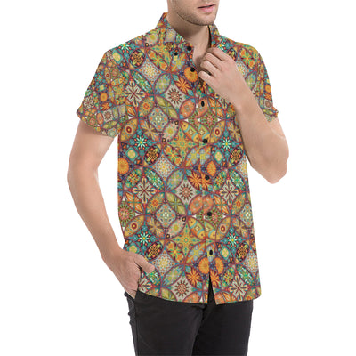 Mandala Flower Themed Design Print Men's Short Sleeve Button Up Shirt