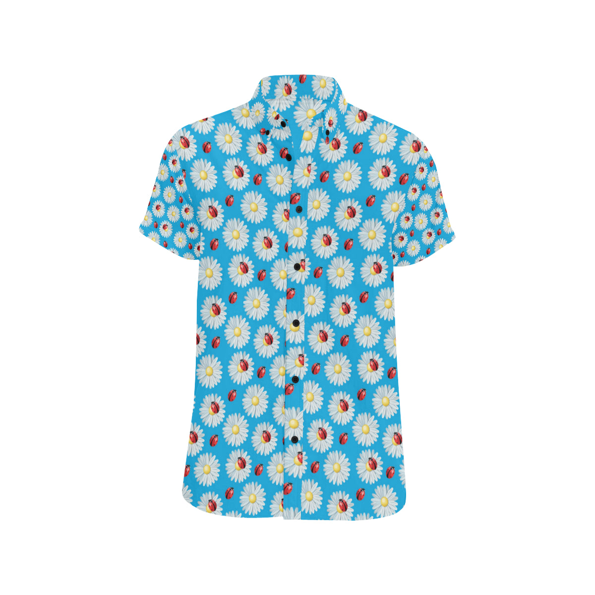 Ladybug with Daisy Themed Print Pattern Men's Short Sleeve Button Up Shirt