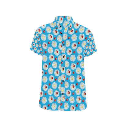 Ladybug with Daisy Themed Print Pattern Men's Short Sleeve Button Up Shirt