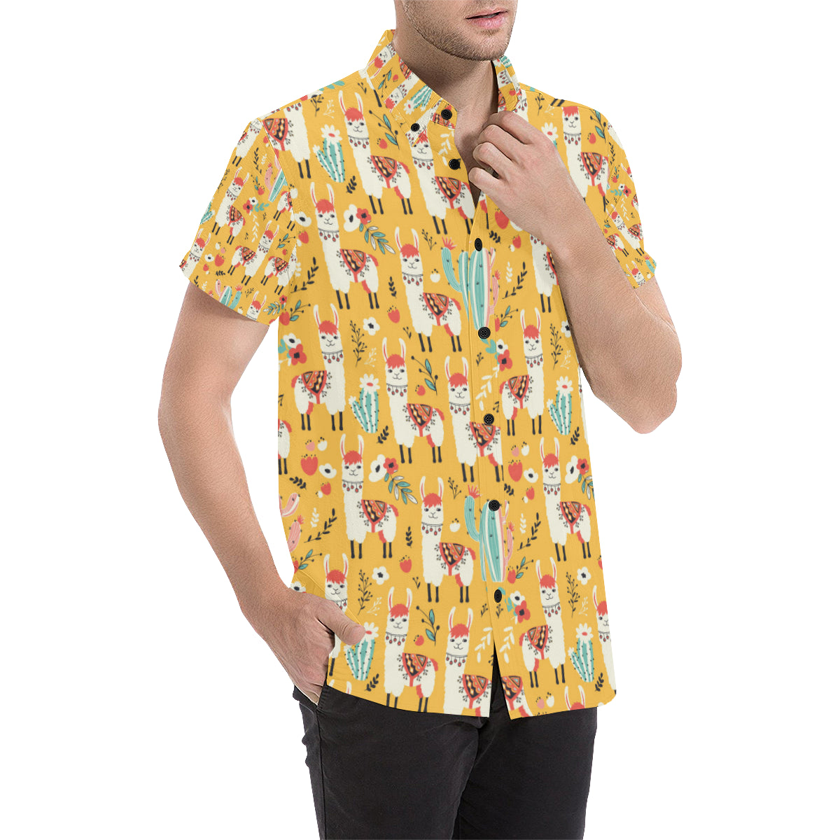 Llama Cute Themed Print Men's Short Sleeve Button Up Shirt