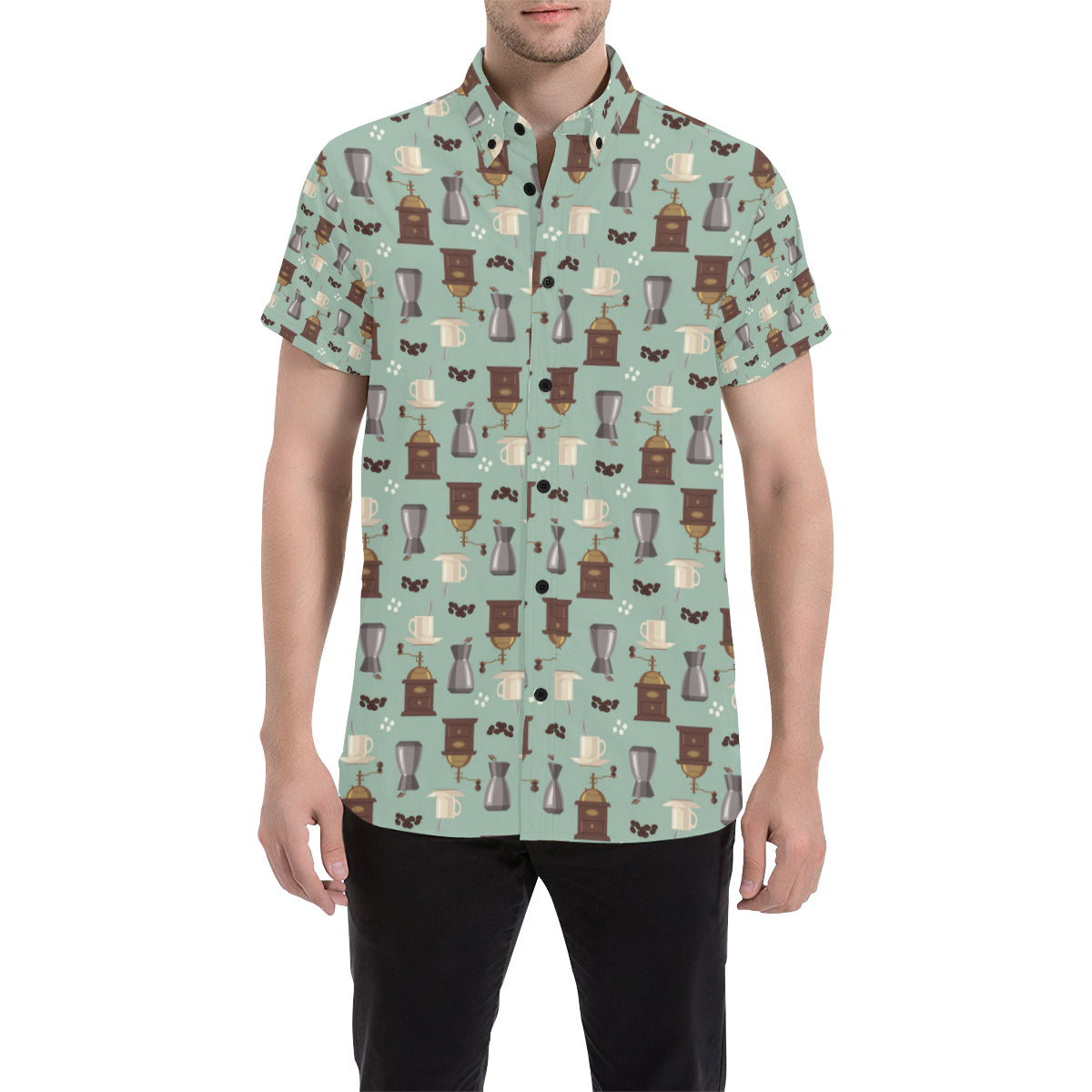 Coffee Pattern Print Design 04 Men's Short Sleeve Button Up Shirt
