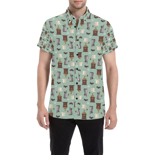 Coffee Pattern Print Design 04 Men's Short Sleeve Button Up Shirt