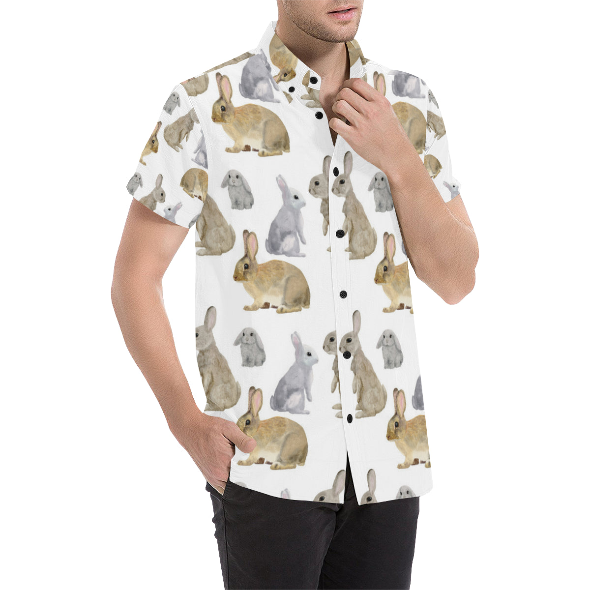 Rabbit Pattern Print Design 02 Men's Short Sleeve Button Up Shirt