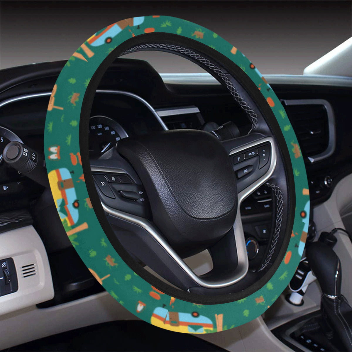 Camping Camper Pattern Print Design 06 Steering Wheel Cover with Elastic Edge