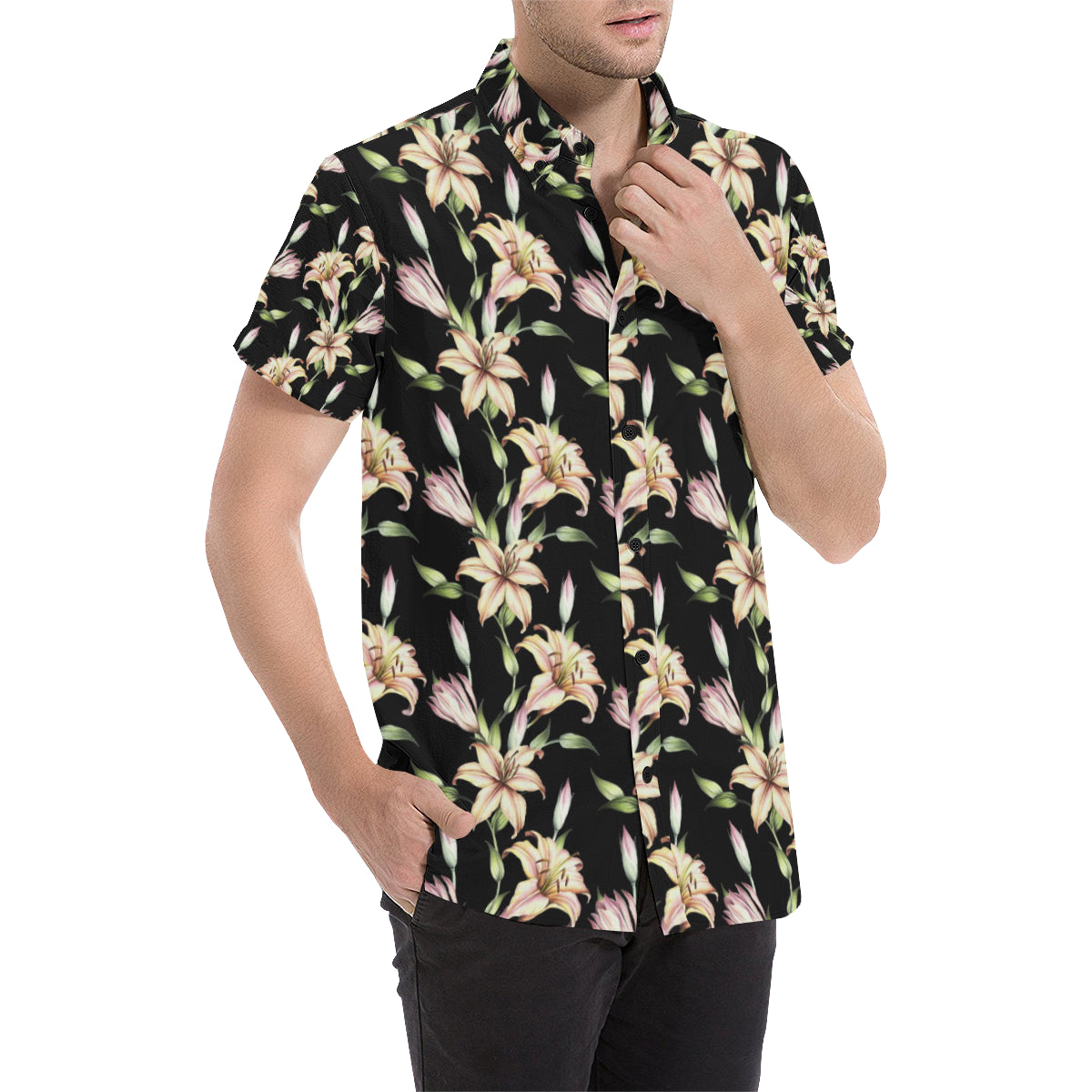 Lily Pattern Print Design LY05 Men's Short Sleeve Button Up Shirt