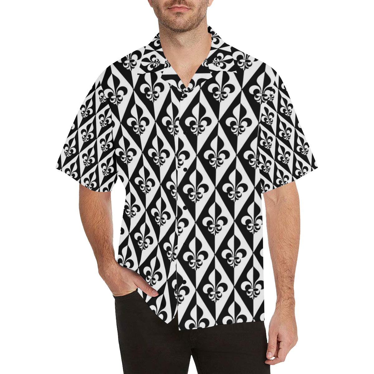 Fleur De Lis Black White Pattern Print Design 02 Men's Hawaiian Shirt
