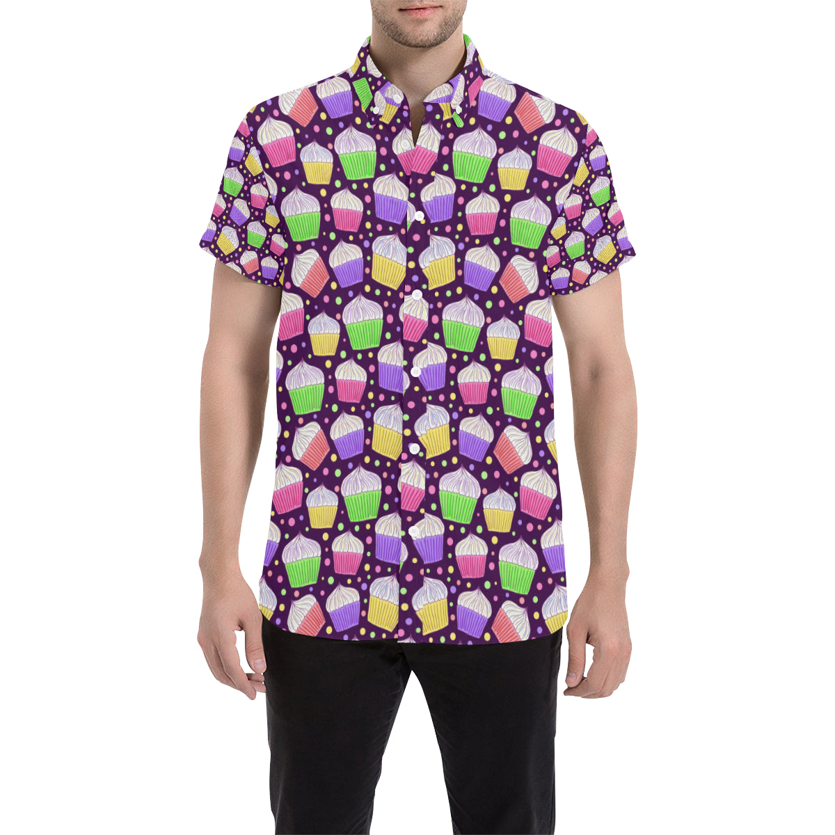 Cupcake Pattern Print Design CP07 Men's Short Sleeve Button Up Shirt