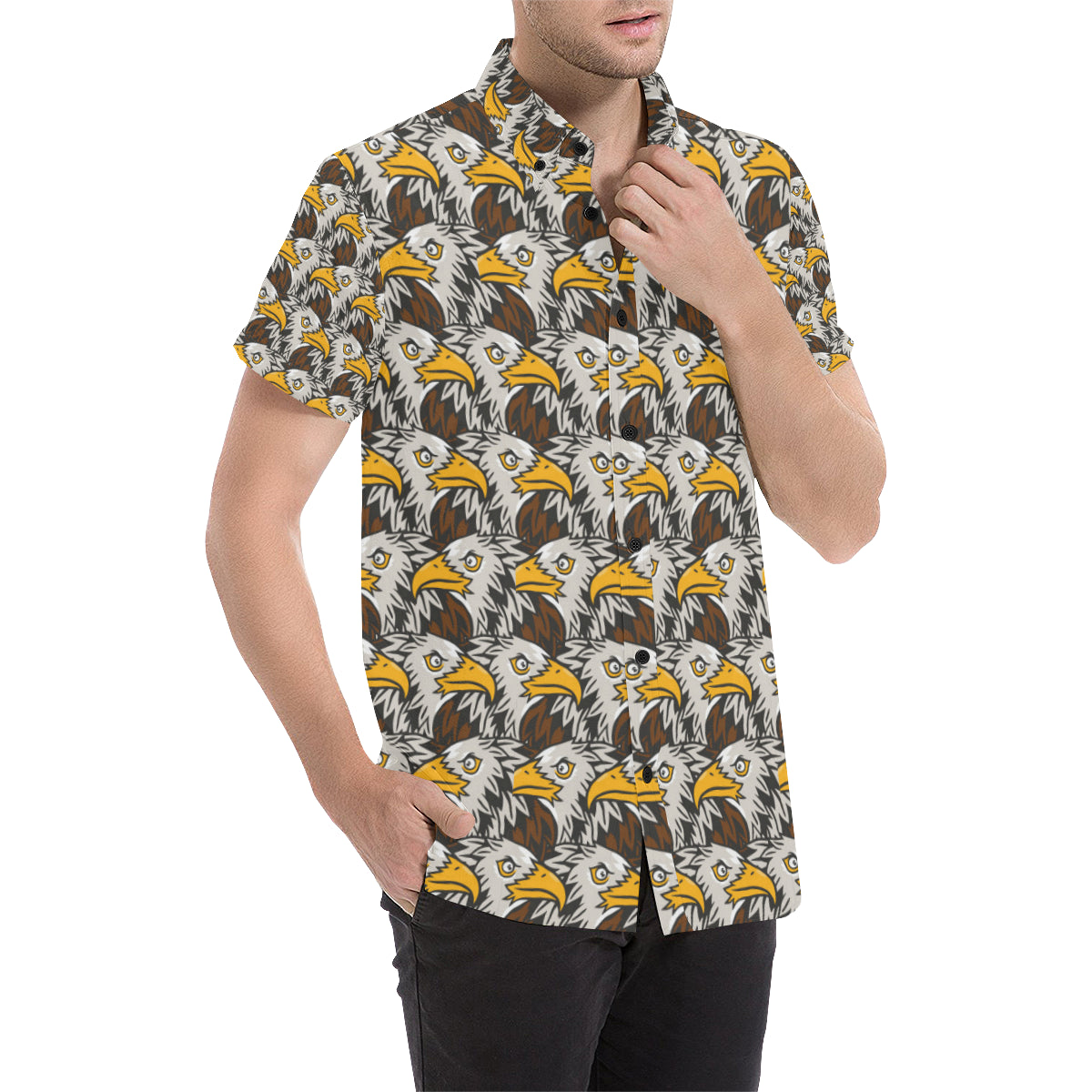 Eagles Head Pattern Men's Short Sleeve Button Up Shirt