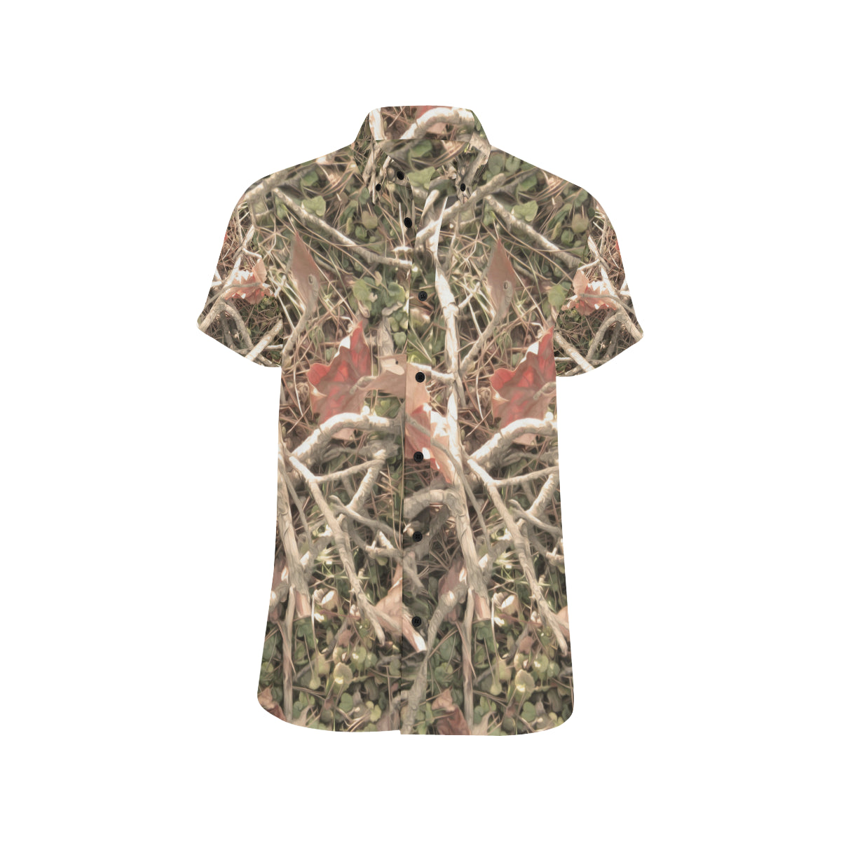 Camouflage Realistic Tree Authumn Print Men's Short Sleeve Button Up Shirt