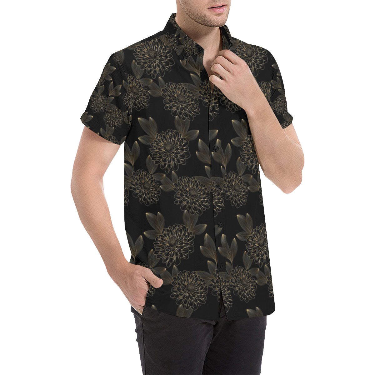 Dahlia Pattern Print Design DH04 Men's Short Sleeve Button Up Shirt