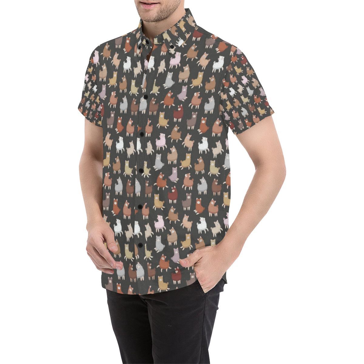 Alpaca Cute Design Themed Print Men's Short Sleeve Button Up Shirt
