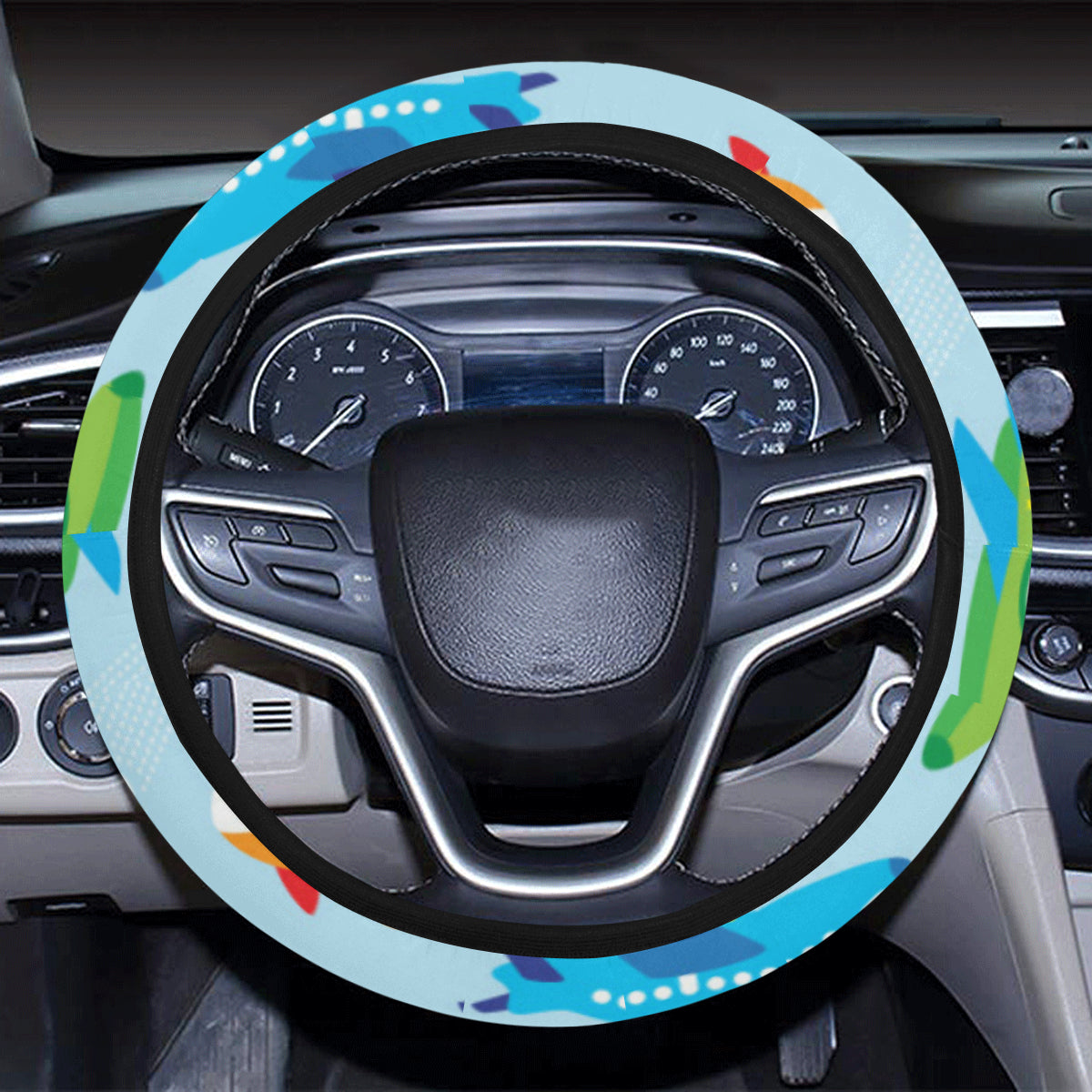 Airplane Colorful Pattern Print Design 01 Steering Wheel Cover with Elastic Edge