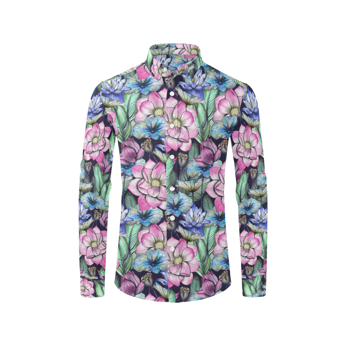 Water Lily Pattern Print Design WL07 Men's Long Sleeve Shirt